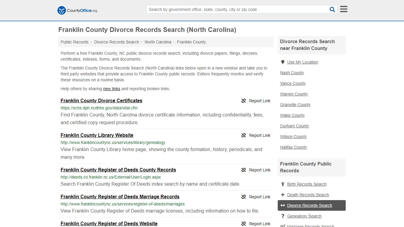 Franklin County Divorce Records Search (North Carolina) - County Office